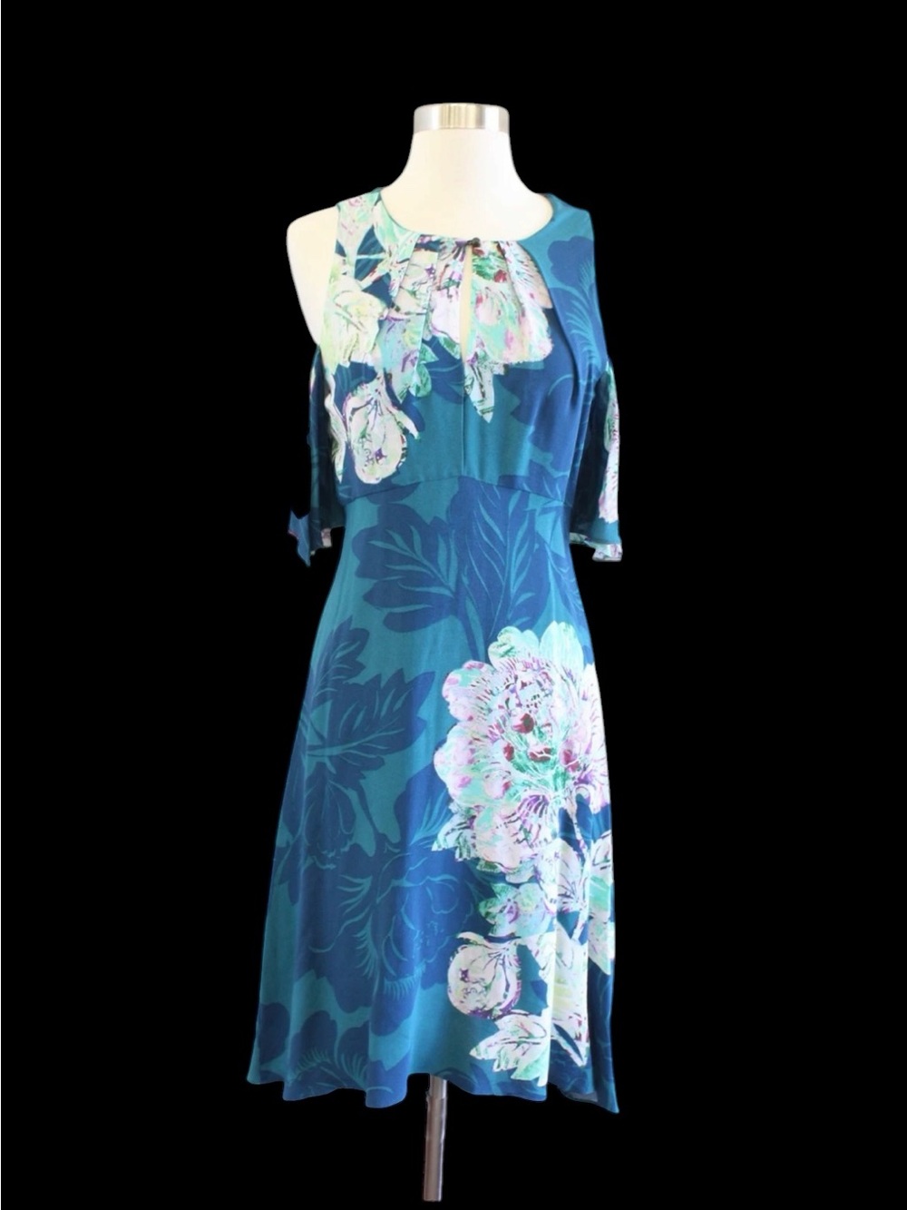 Maeve Teal Floral Cold-Shoulder Midi Dress - Picture 9 of 10